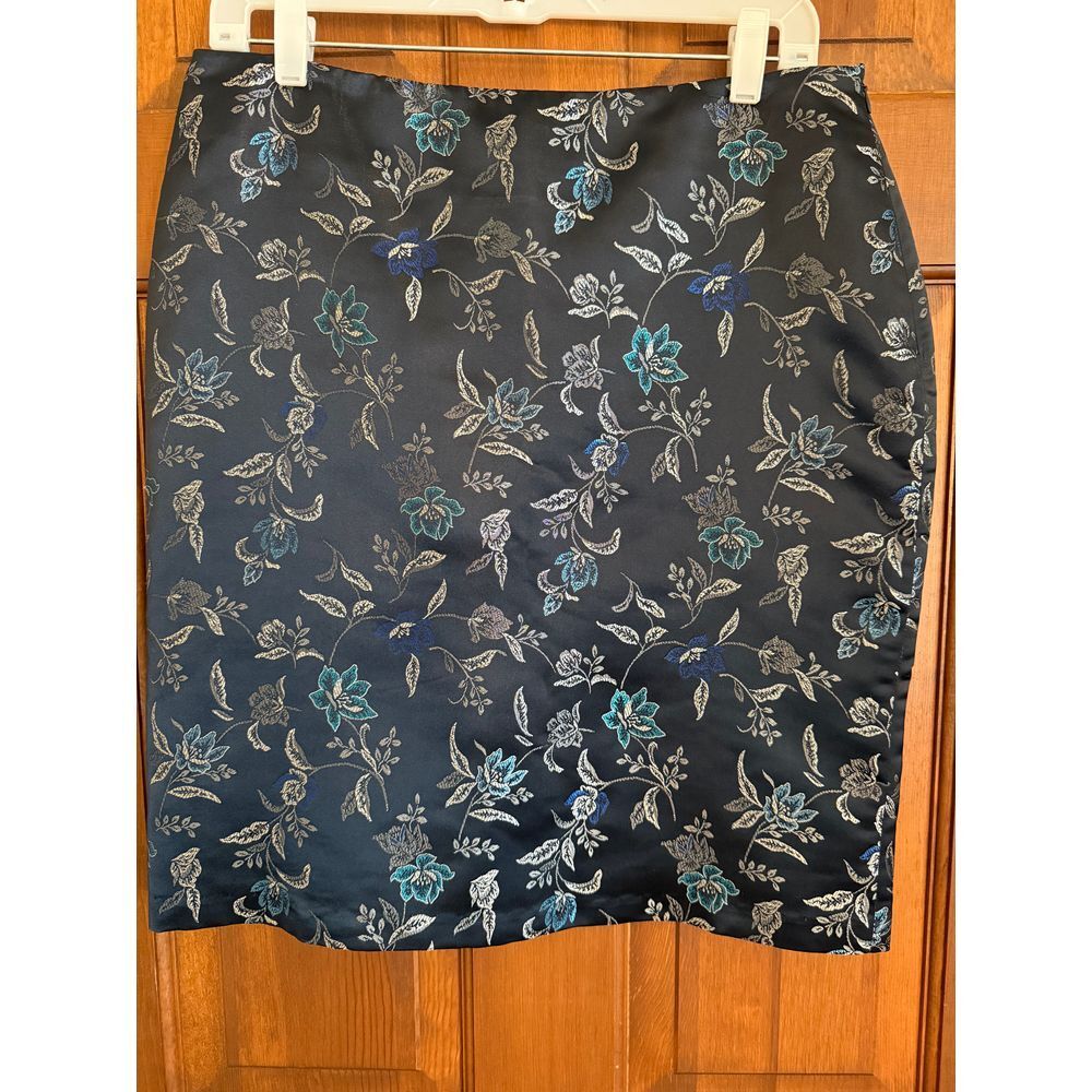 J Marco Brocade Floral Skirt Womens 10 Navy Lined‎ Side-Zip Office Cottage Fairy